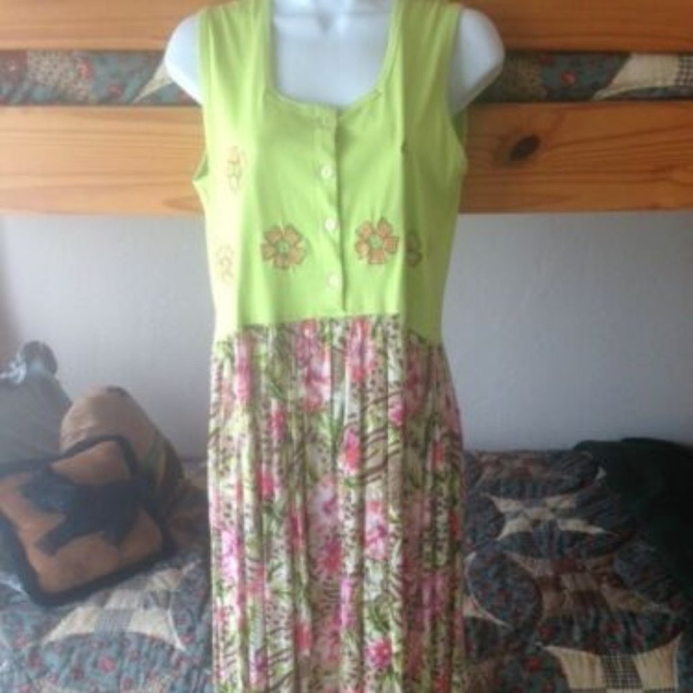 VINTAGE Point One LIME GREEN & CORAL Animal & Floral* Flowy BOHO MAXI Sundress S